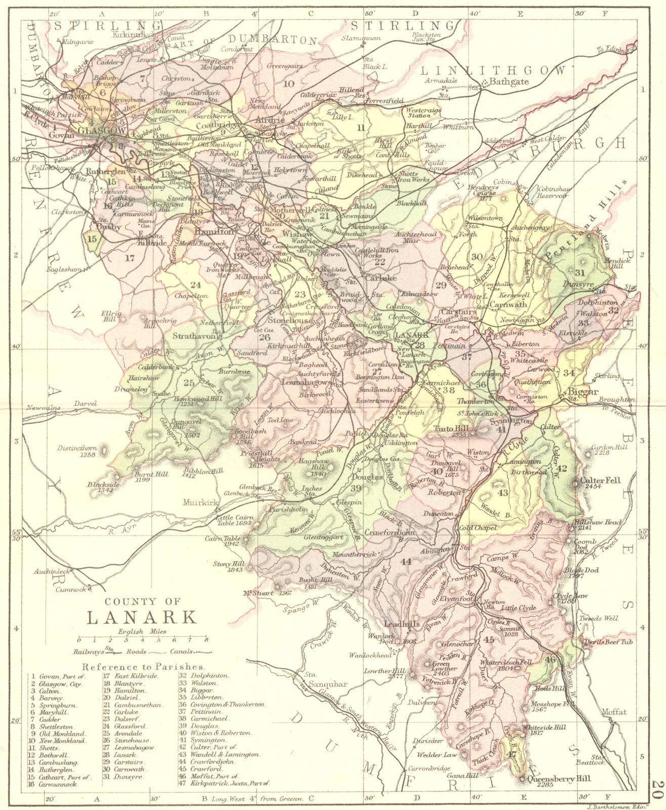 SCOTLAND. Lanark. Lanarkshire. Philip 1891 old antique vintage map plan chart